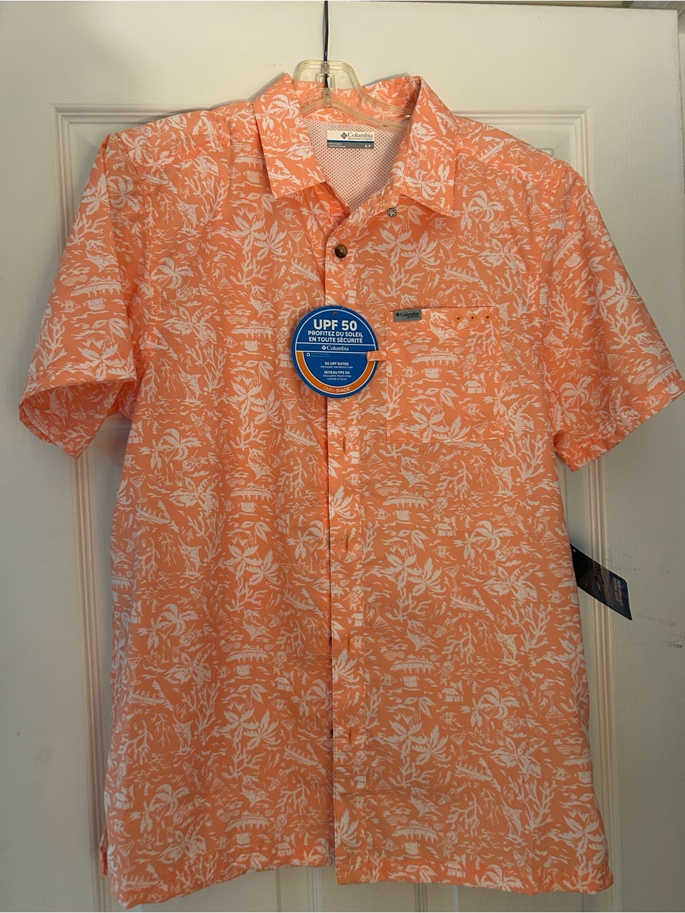 Columbia Men's Orange and White Floral Short-Sleeve Button-Down Shirt